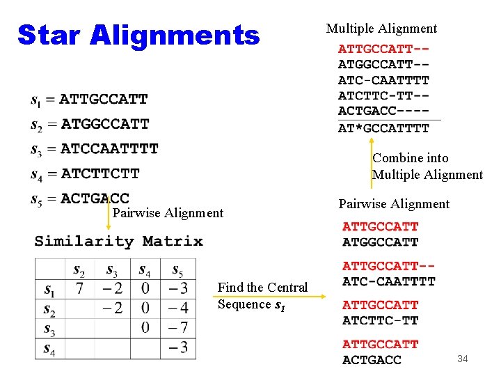 Star Alignments Multiple Alignment Combine into Multiple Alignment Pairwise Alignment Find the Central Sequence