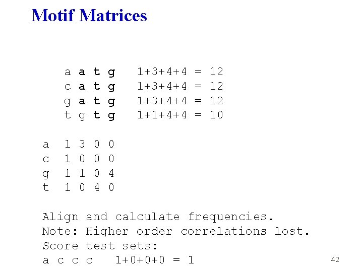 Motif Matrices a c g t a a a g t t g g