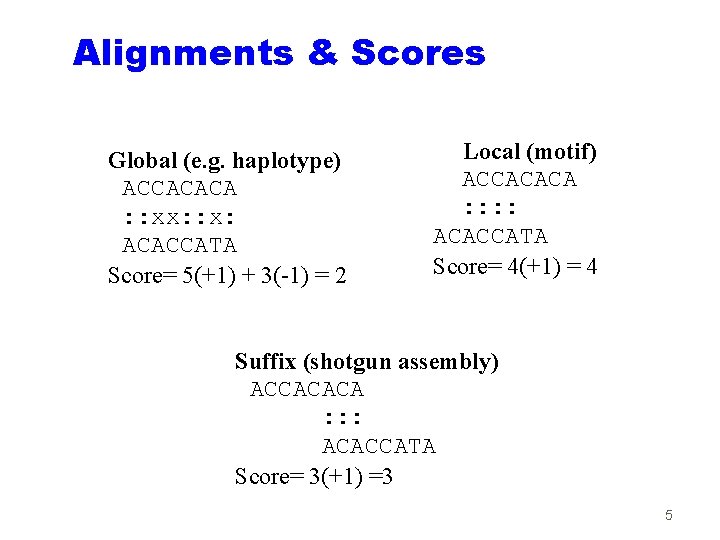 Alignments & Scores Global (e. g. haplotype) ACCACACA : : xx: : x: ACACCATA