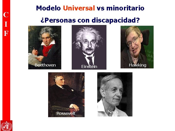 C I F Modelo Universal vs minoritario ¿Personas con discapacidad? Beethoven ¿? Hawking Einstein