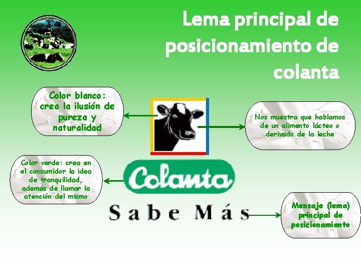 Lema principal de posicionamiento de colanta Color blanco: crea la ilusión de pureza y