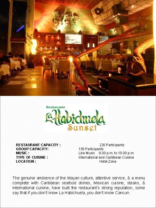 RESTAURANT CAPACITY : GROUP CAPACITY: MUSIC : TYPE OF CUISINE : LOCATION : 220 RESTAURANT CAPACITY : GROUP CAPACITY: MUSIC : TYPE OF CUISINE : LOCATION : 220