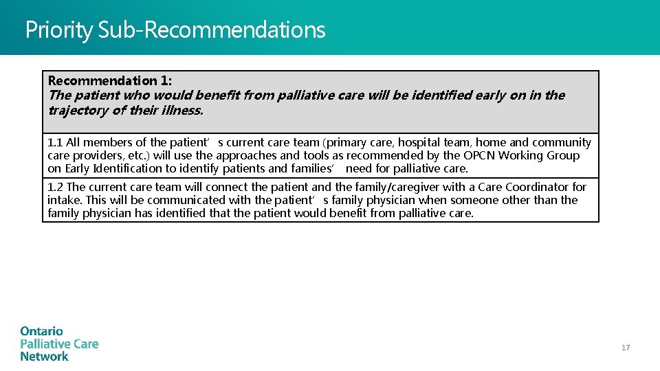 Priority Sub-Recommendations Recommendation 1: The patient who would benefit from palliative care will be