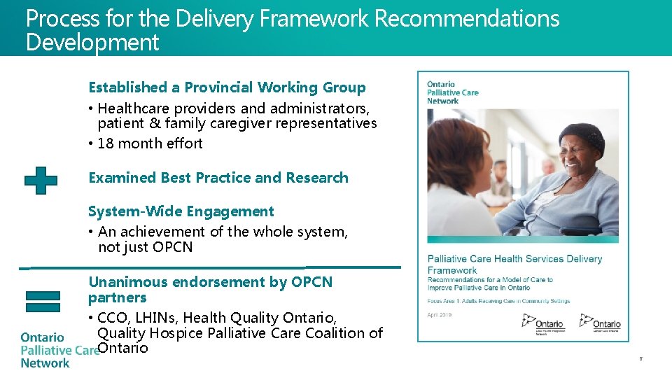 Process for the Delivery Framework Recommendations Development Established a Provincial Working Group • Healthcare