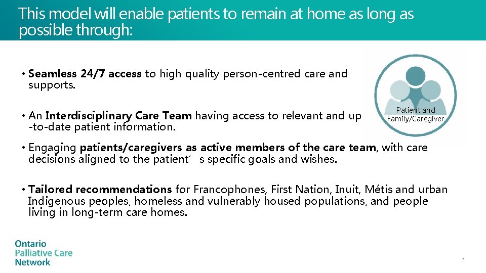 This model will enable patients to remain at home as long as possible through: