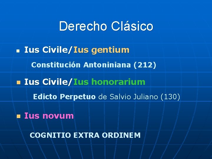 Derecho Clásico n Ius Civile/Ius gentium Constitución Antoniniana (212) n Ius Civile/Ius honorarium Edicto