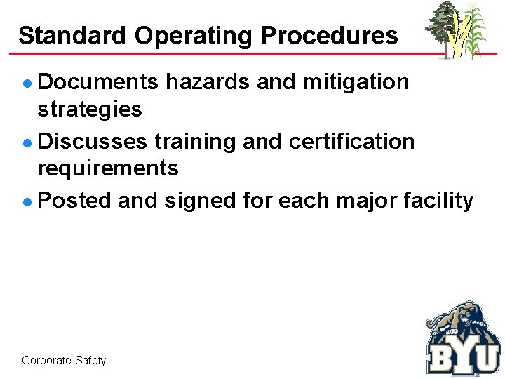 Standard Operating Procedures l Documents hazards and mitigation strategies l Discusses training and certification