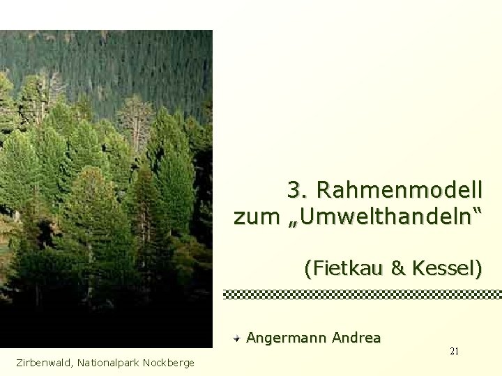 3. Rahmenmodell zum „Umwelthandeln“ (Fietkau & Kessel) Angermann Andrea Zirbenwald, Nationalpark Nockberge 21 