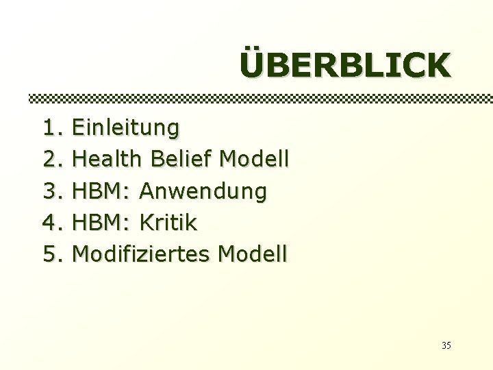 ÜBERBLICK 1. 2. 3. 4. 5. Einleitung Health Belief Modell HBM: Anwendung HBM: Kritik