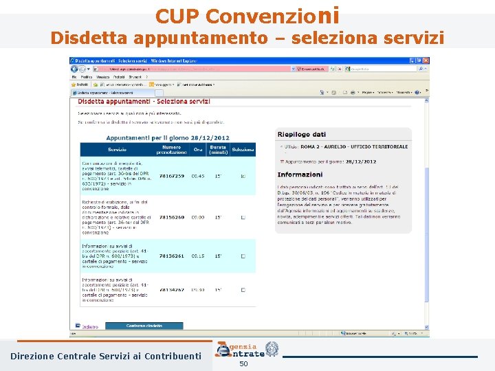 CUP Convenzioni Disdetta appuntamento – seleziona servizi Direzione Centrale Servizi ai Contribuenti 50 