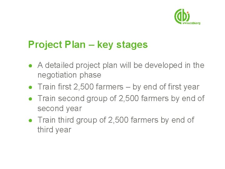 Project Plan – key stages ● A detailed project plan will be developed in