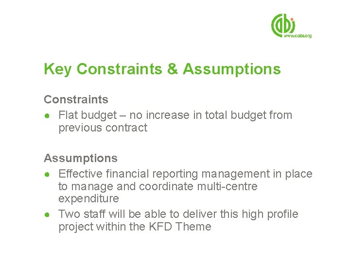 Key Constraints & Assumptions Constraints ● Flat budget – no increase in total budget