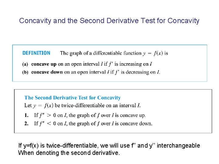 Concavity and the Second Derivative Test for Concavity If y=f(x) is twice-differentiable, we will