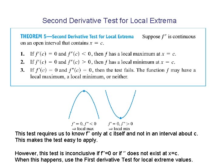 Second Derivative Test for Local Extrema This test requires us to know f’’ only