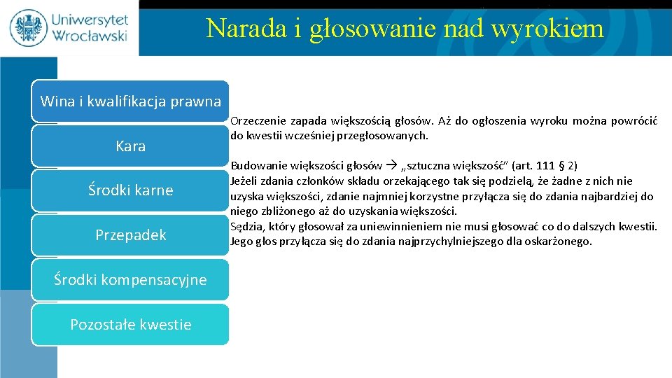 Narada i głosowanie nad wyrokiem Wina i kwalifikacja prawna Kara Środki karne Przepadek Środki
