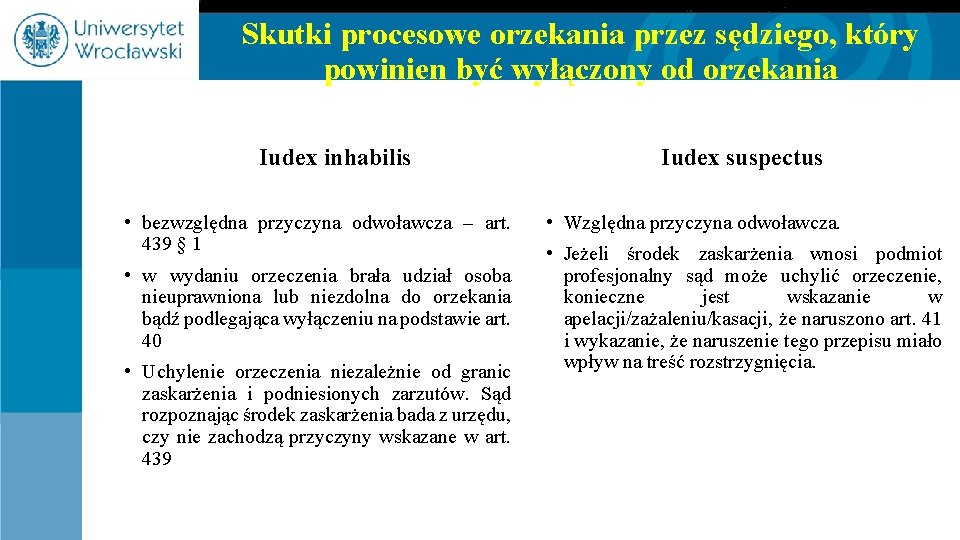 Skutki procesowe orzekania przez sędziego, który powinien być wyłączony od orzekania Iudex inhabilis •
