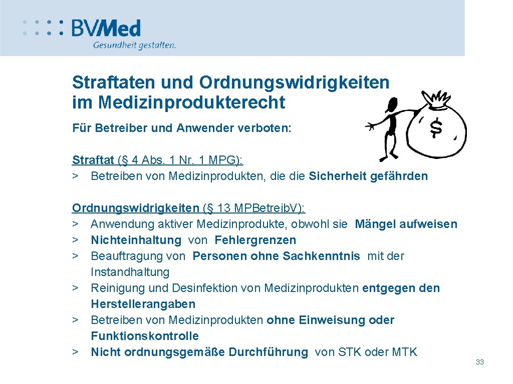 Straftaten und Ordnungswidrigkeiten im Medizinprodukterecht Für Betreiber und Anwender verboten: Straftat (§ 4 Abs.