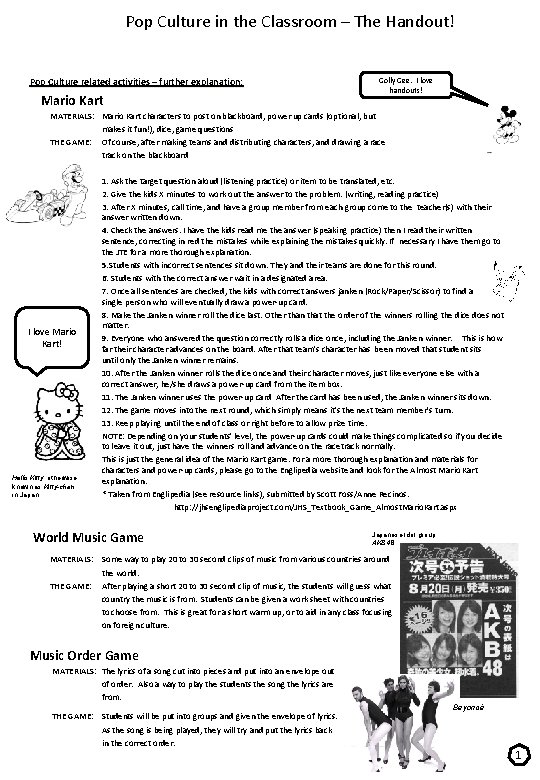 Pop Culture in the Classroom – The Handout! Pop Culture related activities – further