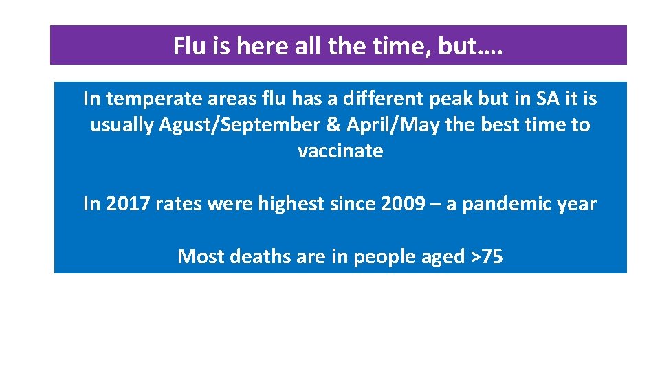 Flu is here all the time, but…. In temperate areas flu has a different