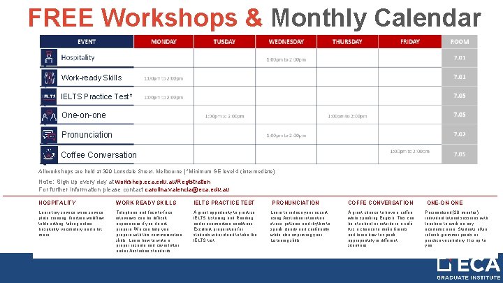 FREE Workshops & Monthly Calendar Work-ready Skills IELTS Practice Test* One-on-one Pronunciation Coffee Conversation