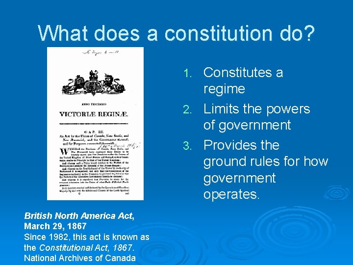 What does a constitution do? Constitutes a regime 2. Limits the powers of government