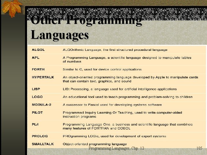 Other Programming Languages, Chp. 12 105 