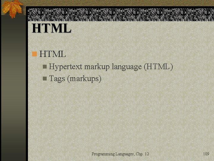 HTML n Hypertext markup language (HTML) n Tags (markups) Programming Languages, Chp. 12 109
