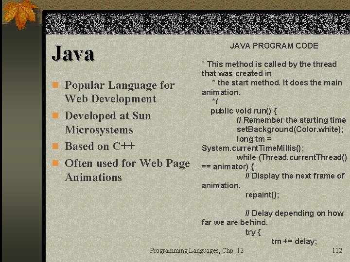 Java JAVA PROGRAM CODE n Popular Language for Web Development n Developed at Sun
