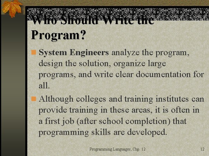 Who Should Write the Program? n System Engineers analyze the program, design the solution,