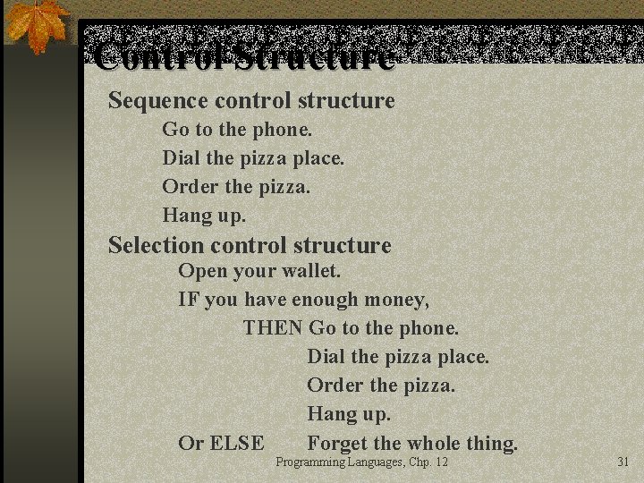 Control Structure Sequence control structure Go to the phone. Dial the pizza place. Order