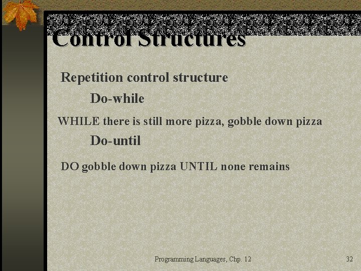 Control Structures Repetition control structure Do-while WHILE there is still more pizza, gobble down