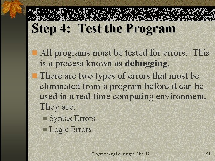 Step 4: Test the Program n All programs must be tested for errors. This