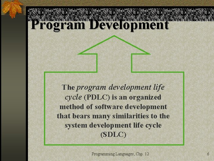 Program Development The program development life cycle (PDLC) is an organized method of software