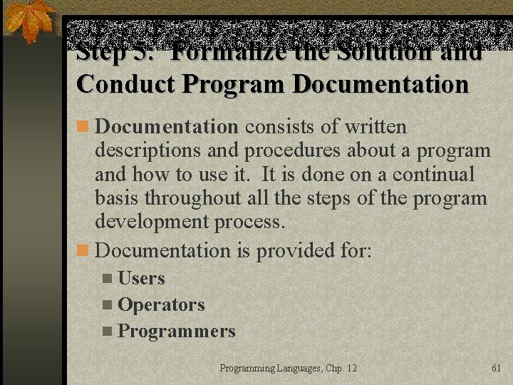 Step 5: Formalize the Solution and Conduct Program Documentation n Documentation consists of written