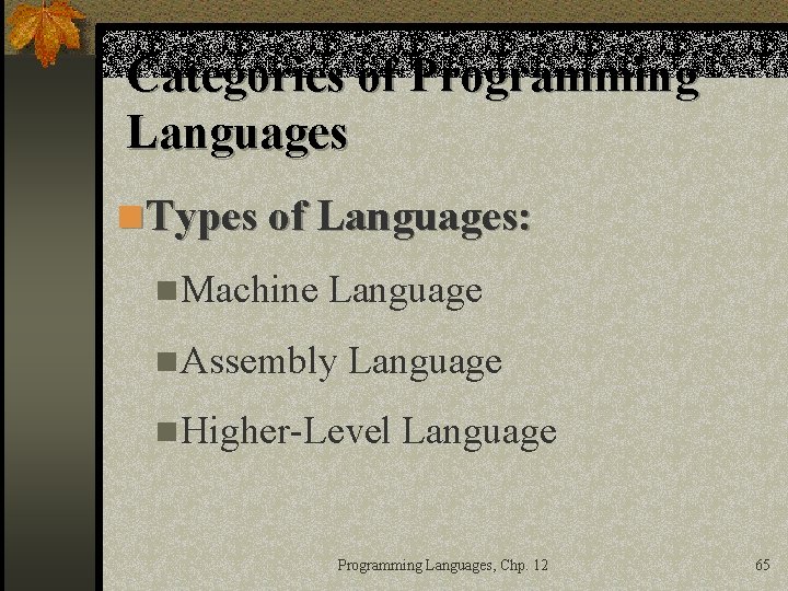 Categories of Programming Languages n Types of Languages: n. Machine Language n. Assembly Language