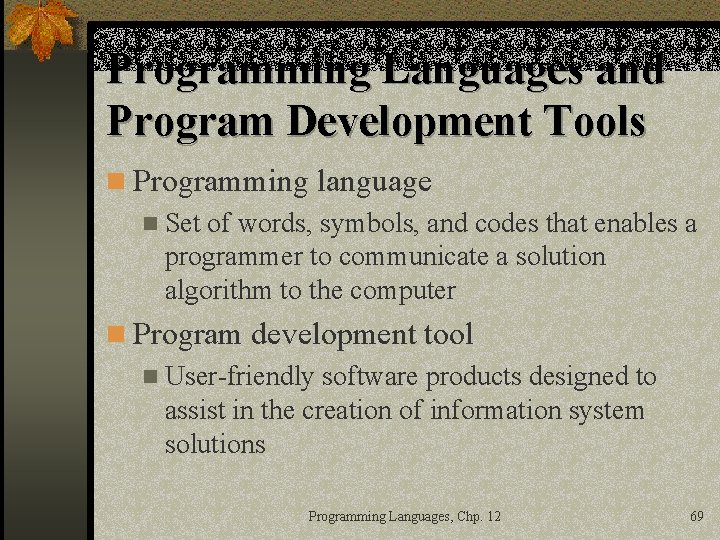 Programming Languages and Program Development Tools n Programming language n Set of words, symbols,
