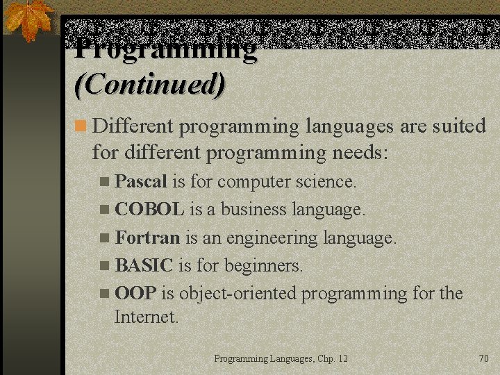 Programming (Continued) n Different programming languages are suited for different programming needs: n Pascal