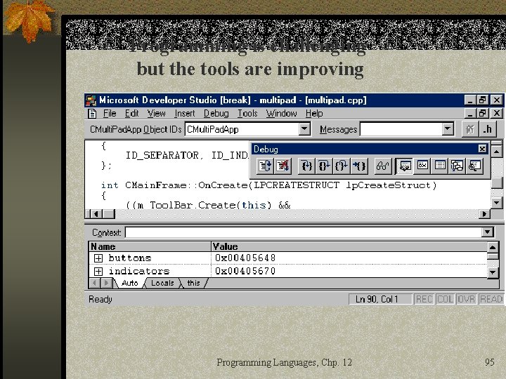 Programming is challenging but the tools are improving Programming Languages, Chp. 12 95 