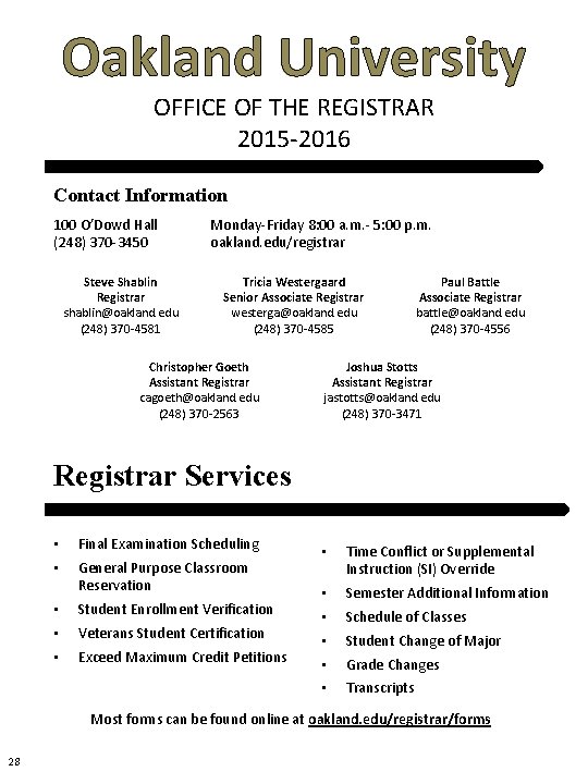 Oakland University OFFICE OF THE REGISTRAR 2015 -2016 Contact Information 100 O’Dowd Hall (248) Oakland University OFFICE OF THE REGISTRAR 2015 -2016 Contact Information 100 O’Dowd Hall (248)
