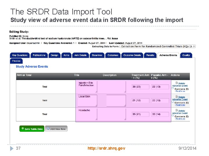 The SRDR Data Import Tool Study view of adverse event data in SRDR following