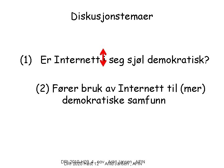 Diskusjonstemaer (1) Er Internett i seg sjøl demokratisk? (2) Fører bruk av Internett til