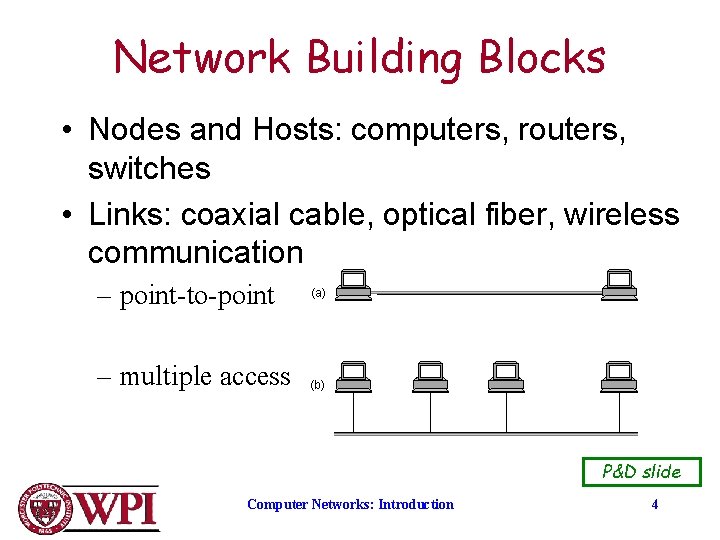 Network Building Blocks • Nodes and Hosts: computers, routers, switches • Links: coaxial cable,