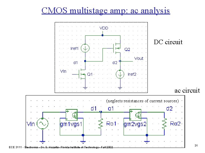 CMOS multistage amp: ac analysis DC circuit ac circuit (neglects resistances of current sources)