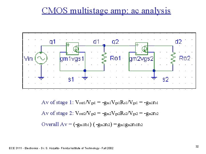 CMOS multistage amp: ac analysis Av of stage 1: Vout 1/Vgs 1 = -gm