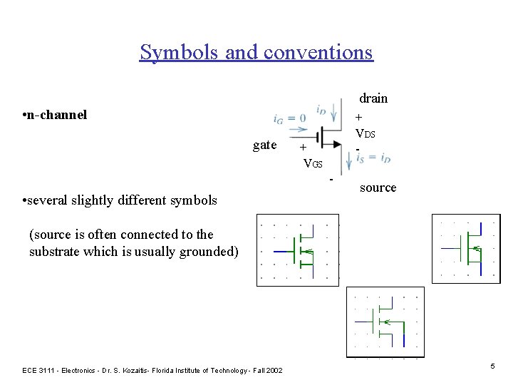 Symbols and conventions drain • n-channel gate + VDS - + VGS - •
