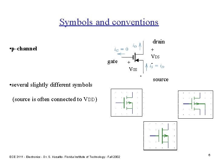 Symbols and conventions drain • p-channel gate + VDS - + VGS - •