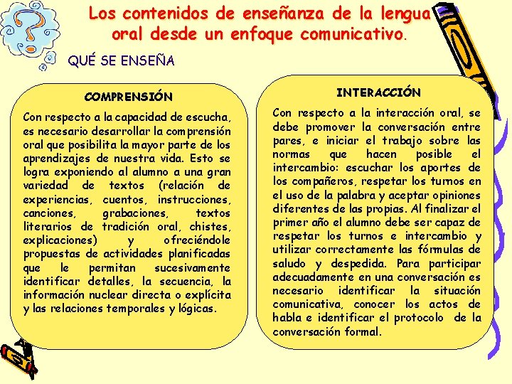 Los contenidos de enseñanza de la lengua oral desde un enfoque comunicativo. QUÉ SE Los contenidos de enseñanza de la lengua oral desde un enfoque comunicativo. QUÉ SE