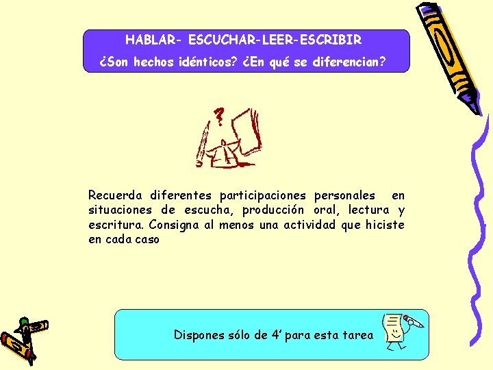 HABLAR- ESCUCHAR-LEER-ESCRIBIR ¿Son hechos idénticos? ¿En qué se diferencian? Recuerda diferentes participaciones personales en HABLAR- ESCUCHAR-LEER-ESCRIBIR ¿Son hechos idénticos? ¿En qué se diferencian? Recuerda diferentes participaciones personales en