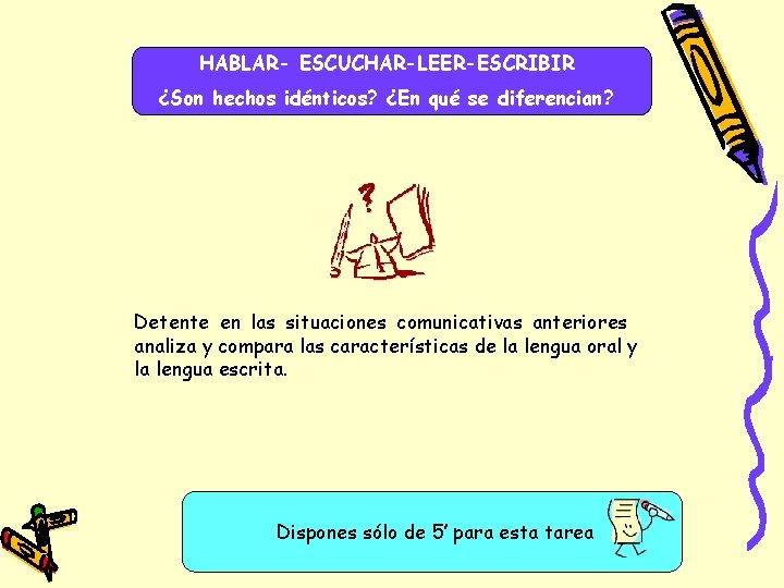 HABLAR- ESCUCHAR-LEER-ESCRIBIR ¿Son hechos idénticos? ¿En qué se diferencian? Detente en las situaciones comunicativas HABLAR- ESCUCHAR-LEER-ESCRIBIR ¿Son hechos idénticos? ¿En qué se diferencian? Detente en las situaciones comunicativas