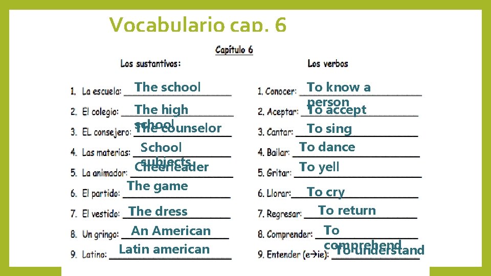 Vocabulario cap. 6 The school The high school The counselor School subjects Cheerleader The